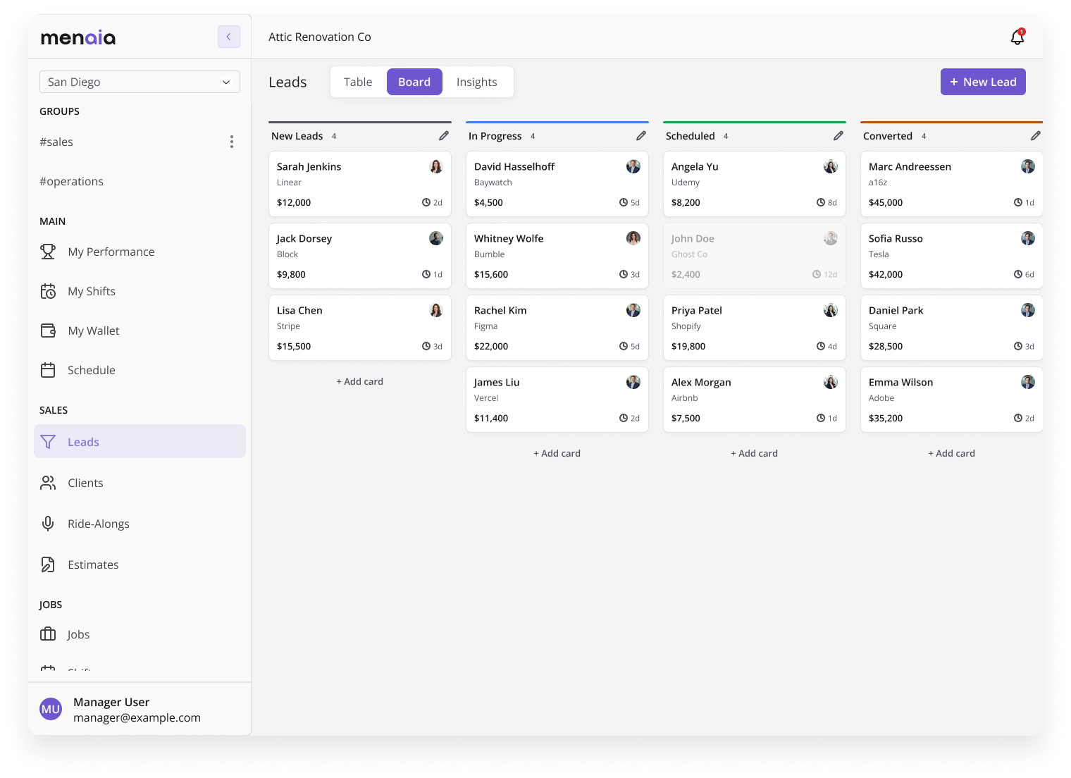 Leads board (kanban) view for Attic Renovation Co with New Leads, In Progress, Scheduled, and Converted columns, each card showing a contact, company, deal value, and time in stage