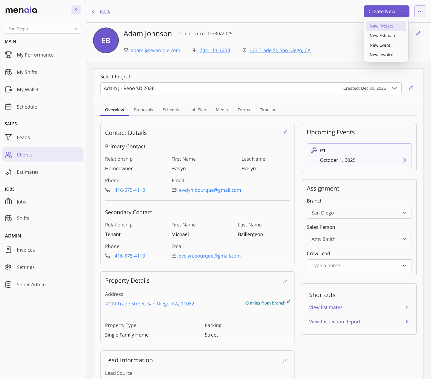 Client overview page: contact details, property details, lead information, upcoming events, and branch, sales person, and crew assignment for a converted client