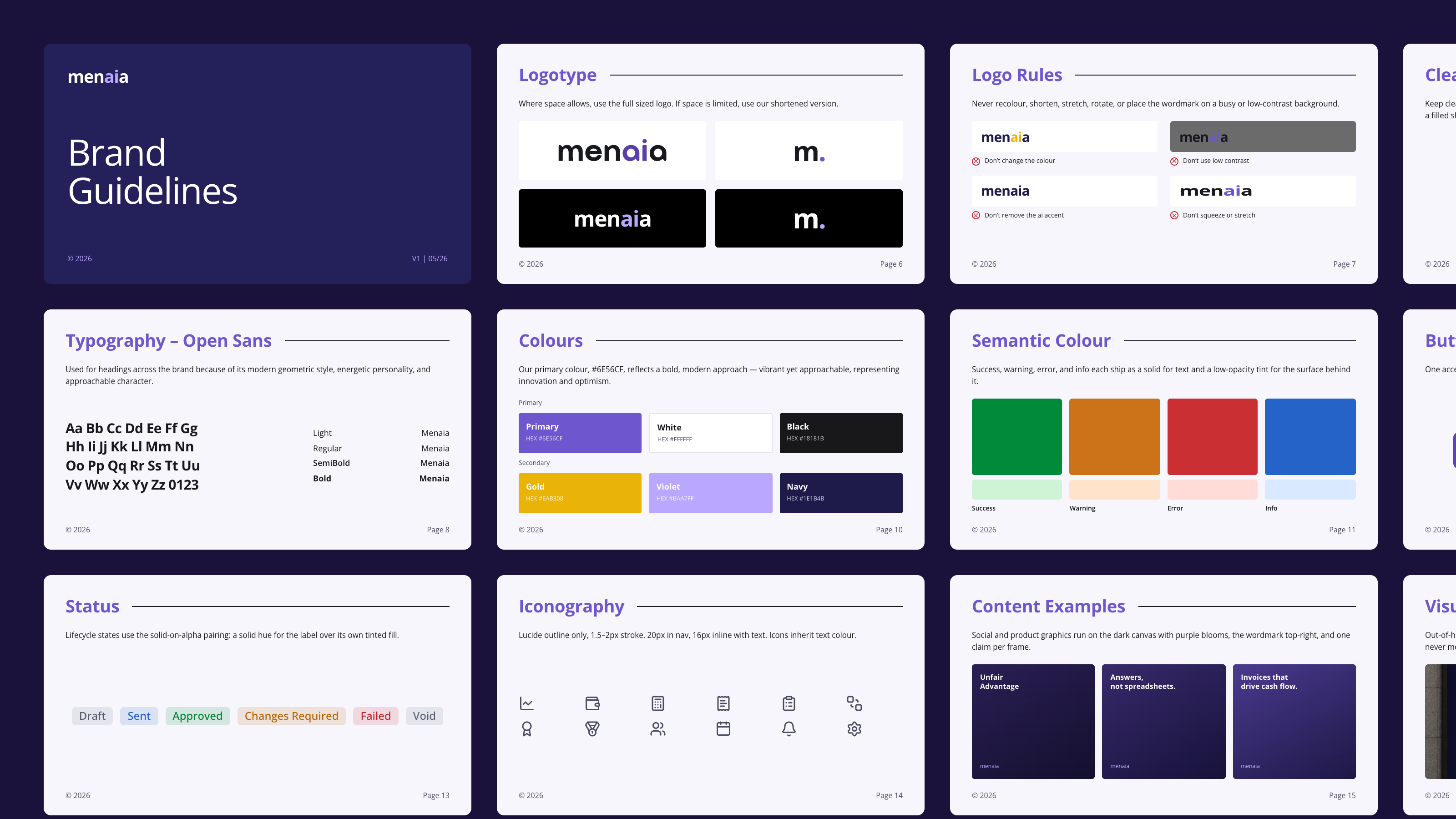 Spread of pages from the Menaia Brand Guidelines deck: the cover, Logotype, Logo Rules, Typography in Open Sans, Colours with primary and secondary hex values, Semantic Colour, Status, Iconography, and Content Examples