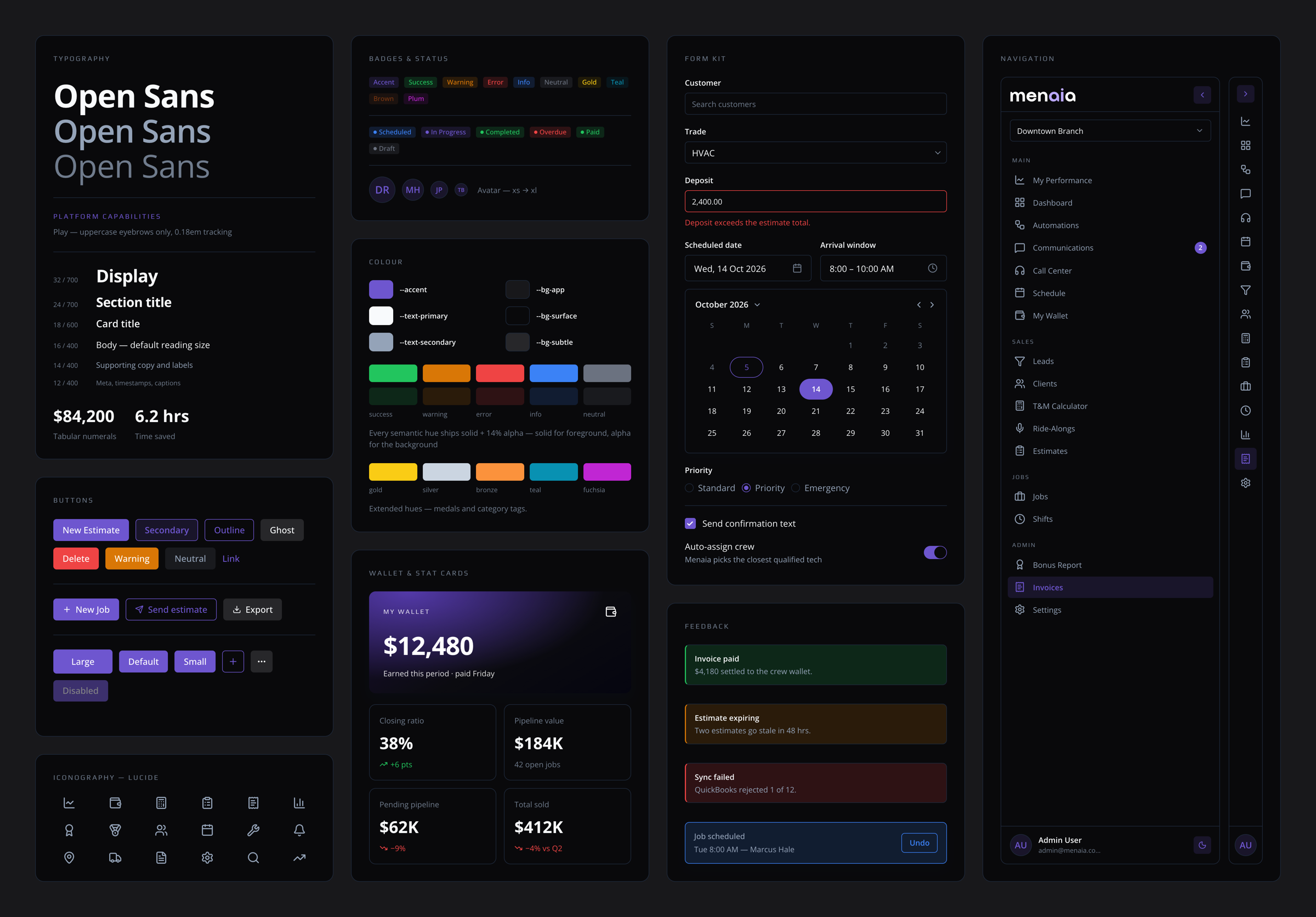 The same Menaia component overview in dark mode, card for card, with every semantic token flipped to its dark value