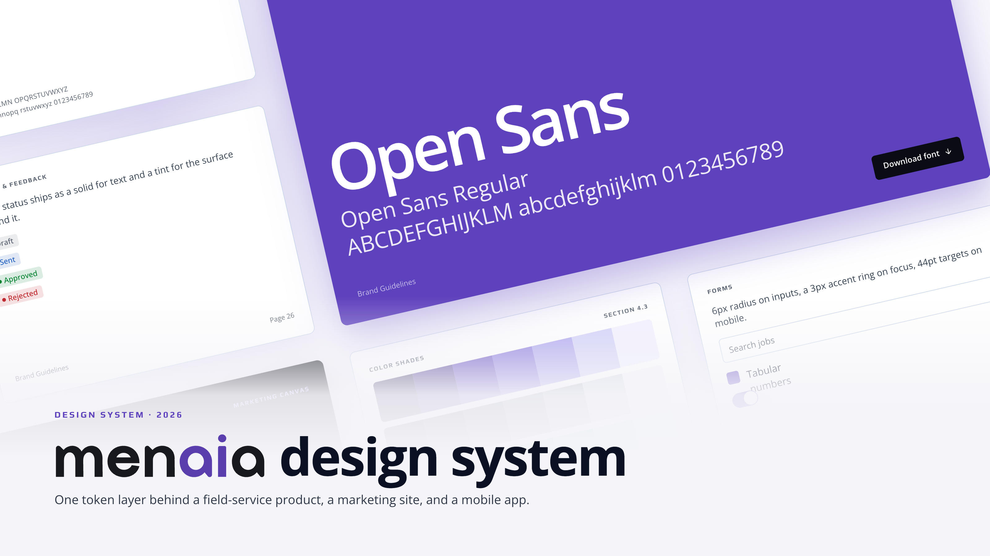 Menaia Design System cover: brand guideline and component pages fanned out at an angle behind the menaia design system logotype, with an Open Sans type specimen on a purple panel