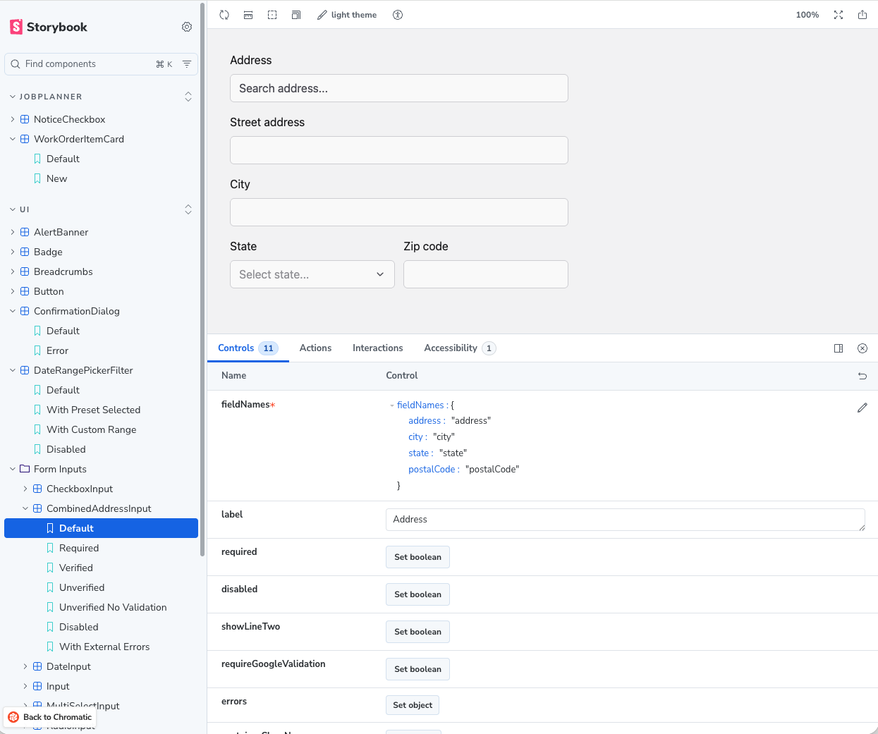 Storybook: CombinedAddressInput (Form Inputs), the rendered Address, Street address, City, State, and Zip code fields alongside its Controls panel (fieldNames, label, required, disabled, showLineTwo, requireGoogleValidation, errors)