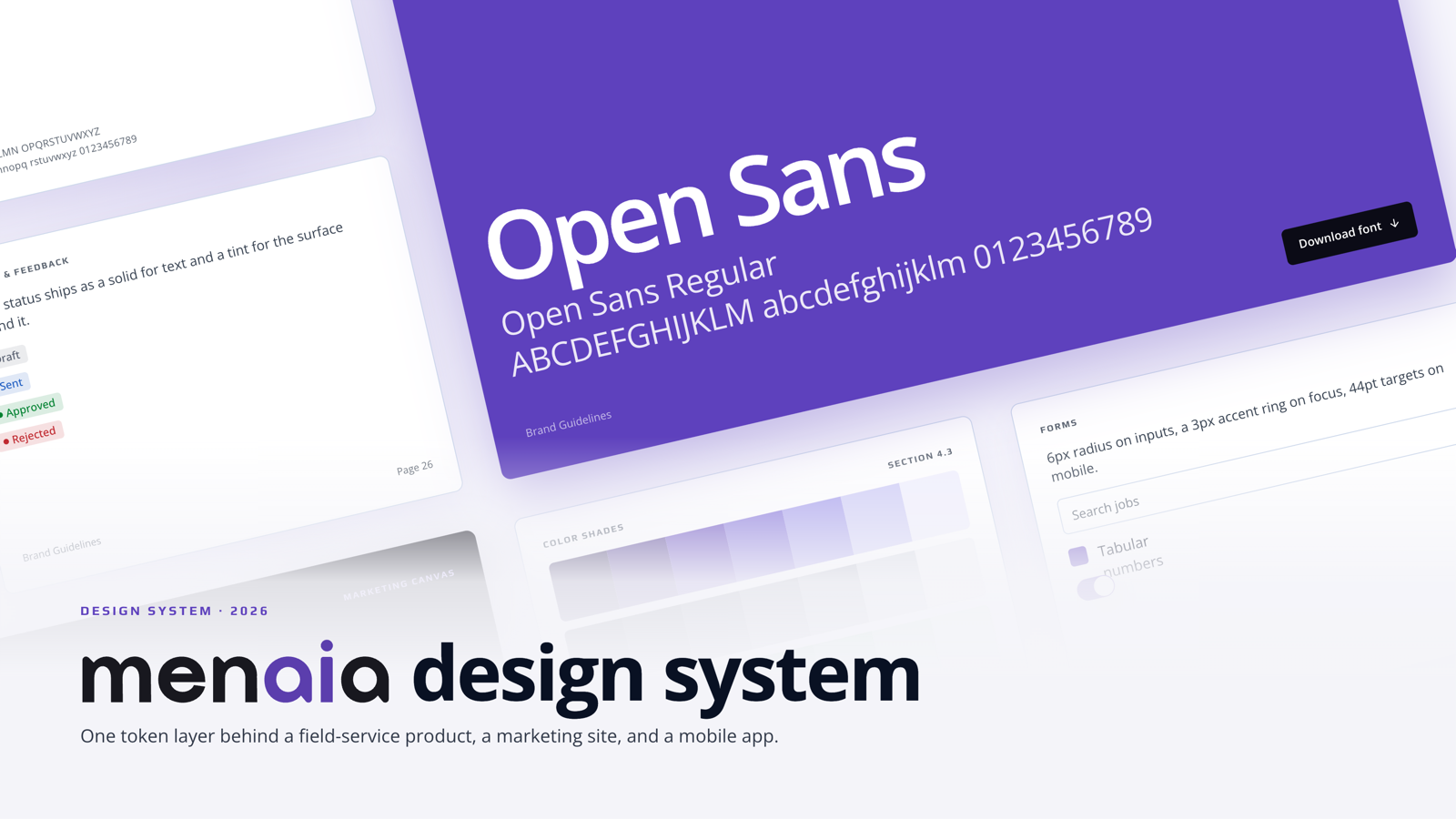 Menaia Design System cover: brand guideline and component pages fanned out at an angle behind the menaia design system logotype