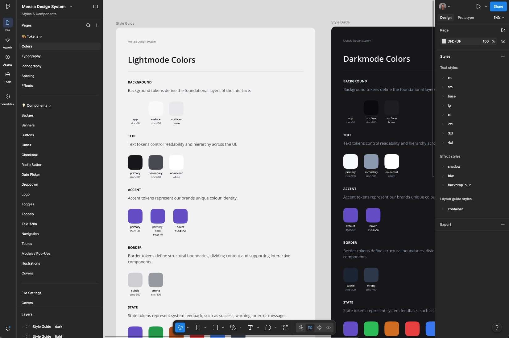 Menaia Design System Figma file: the Style Guide page zoomed in on the Lightmode Colors and Darkmode Colors artboards, each grouping semantic tokens by Background, Text, Accent, Border, and State with a short definition and named swatches (app zinc-50, surface zinc-100, primary zinc-900, accent primary #6e56cf) beside the file's Tokens and Components pages and the Styles panel