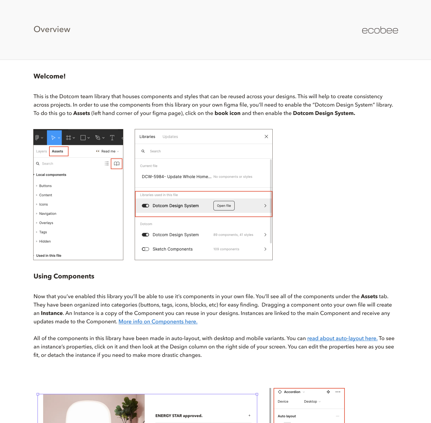The library's Read me page in Figma: a Welcome section explaining how to enable the Dotcom Design System from the Assets panel, with annotated screenshots of the Assets tab and Libraries dialog, followed by a Using Components section on instances, auto-layout, and desktop and mobile variants