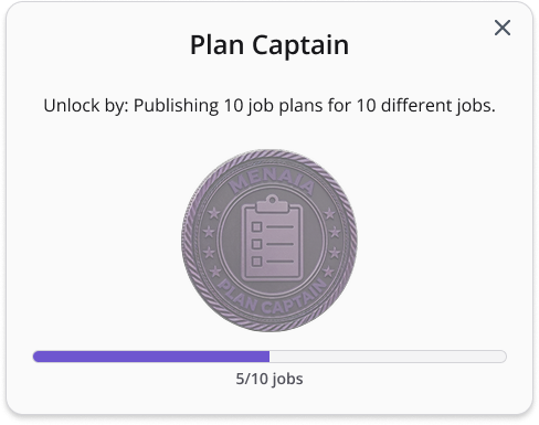 A badge detail showing progress toward unlocking the Plan Captain badge