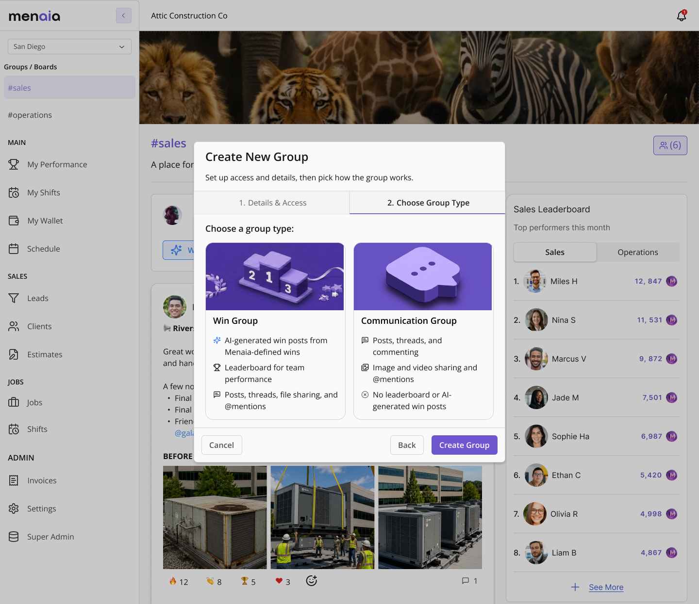 Create New Group modal: choosing between a Win Group and a Communication Group
