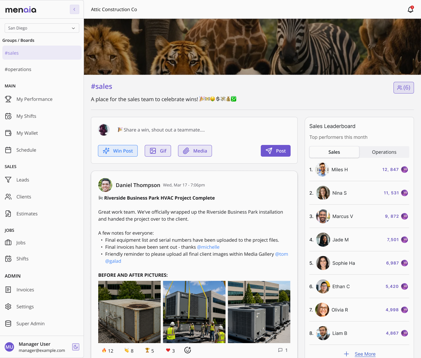 A #sales group feed with posts, reactions, and the team leaderboard