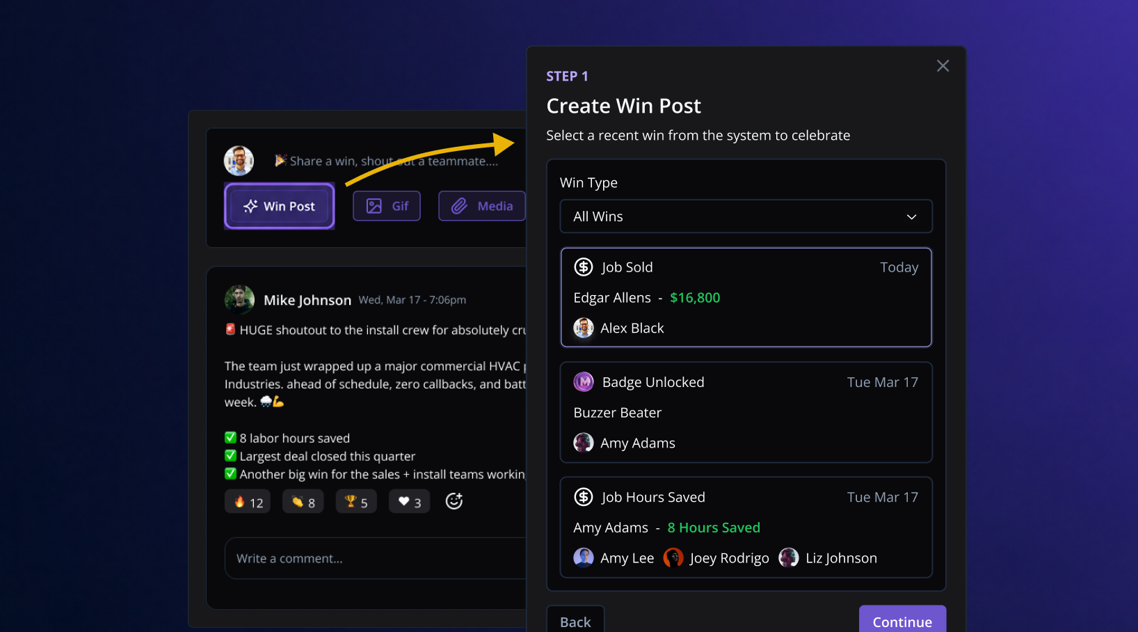 Group win feed with post composer, a celebration post with reactions, and the leaderboard sidebar