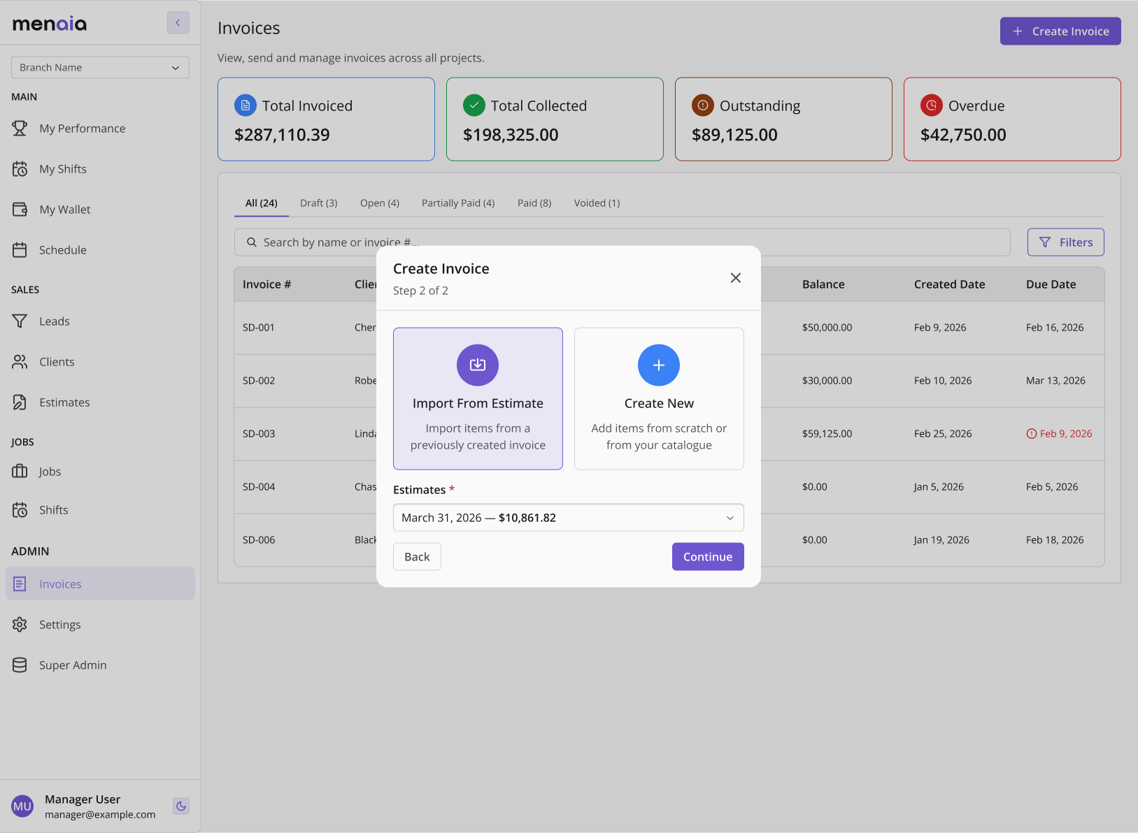 Create Invoice modal, step 2 of 2: choose to import items from a previously created estimate, or create a new invoice from scratch