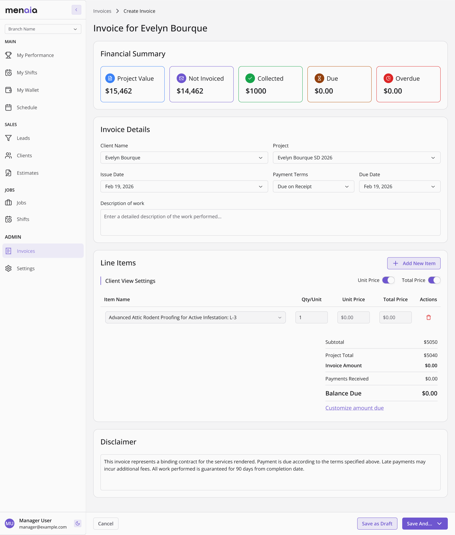 Invoice detail screen on desktop: line items, payment terms, due date, and a disclaimer before sending to the client