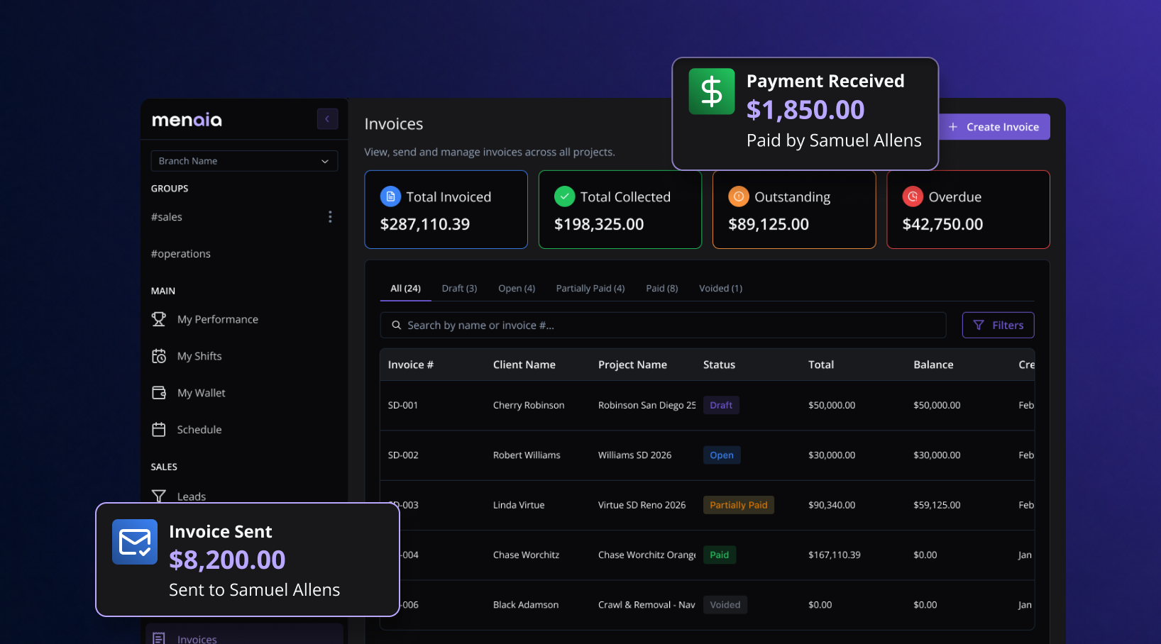 Invoices list page with financial summary cards: Project Value, Not Invoiced, Collected, Due, and Overdue