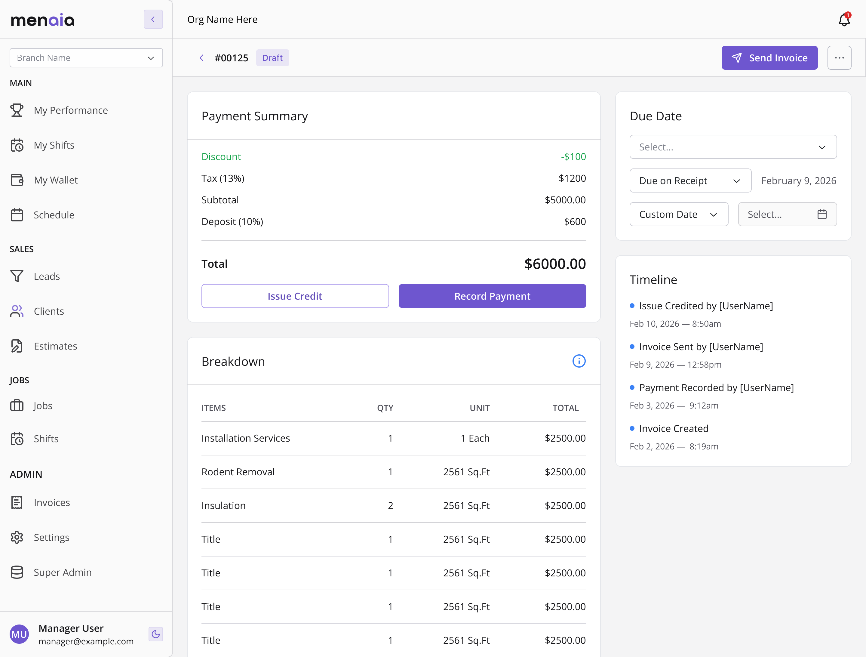 Early iteration: Payment Summary screen with a discount, tax, subtotal, and deposit breakdown over generic placeholder line items
