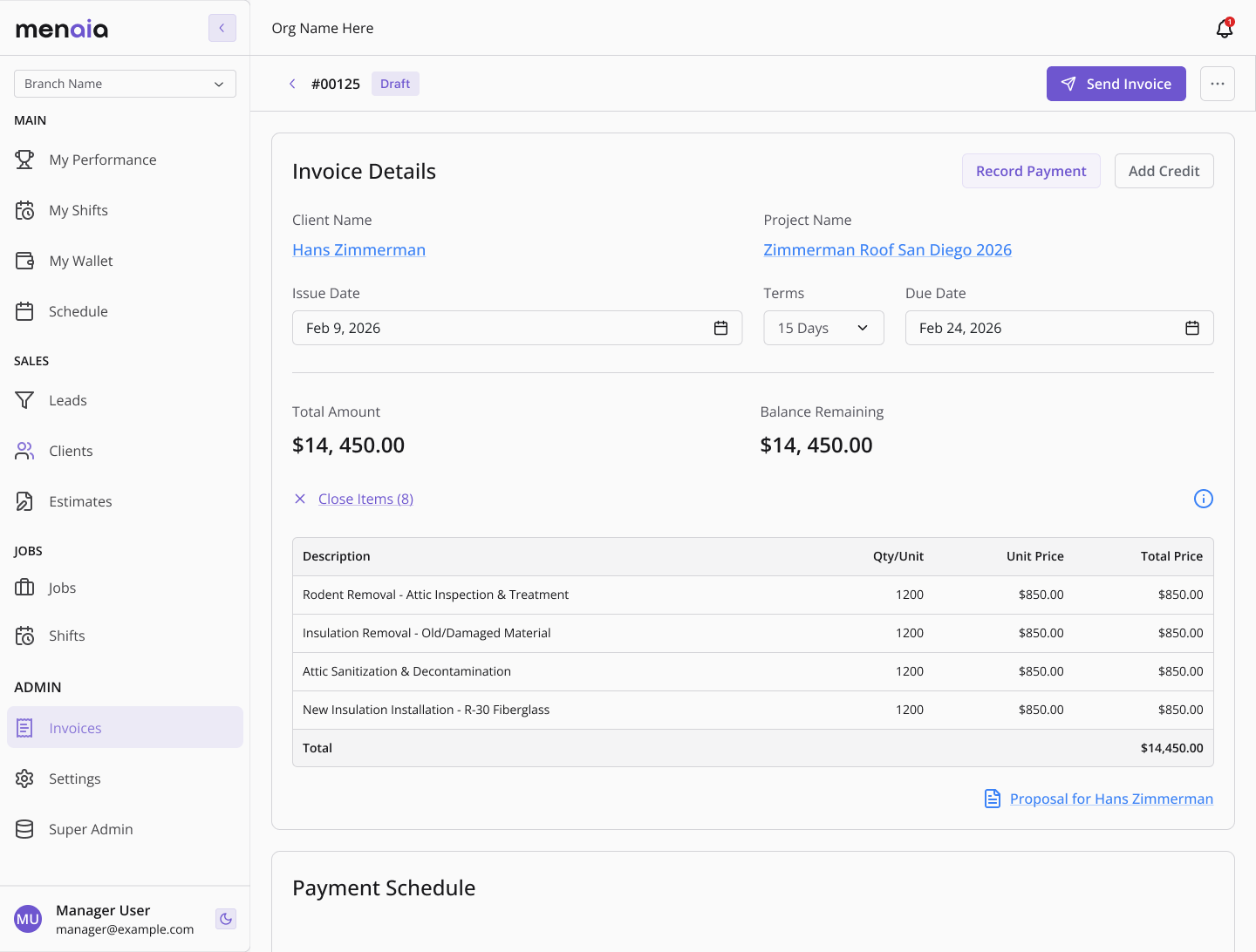 Later iteration: Invoice Details screen with real line items pulled from the estimate and a linked proposal for the client