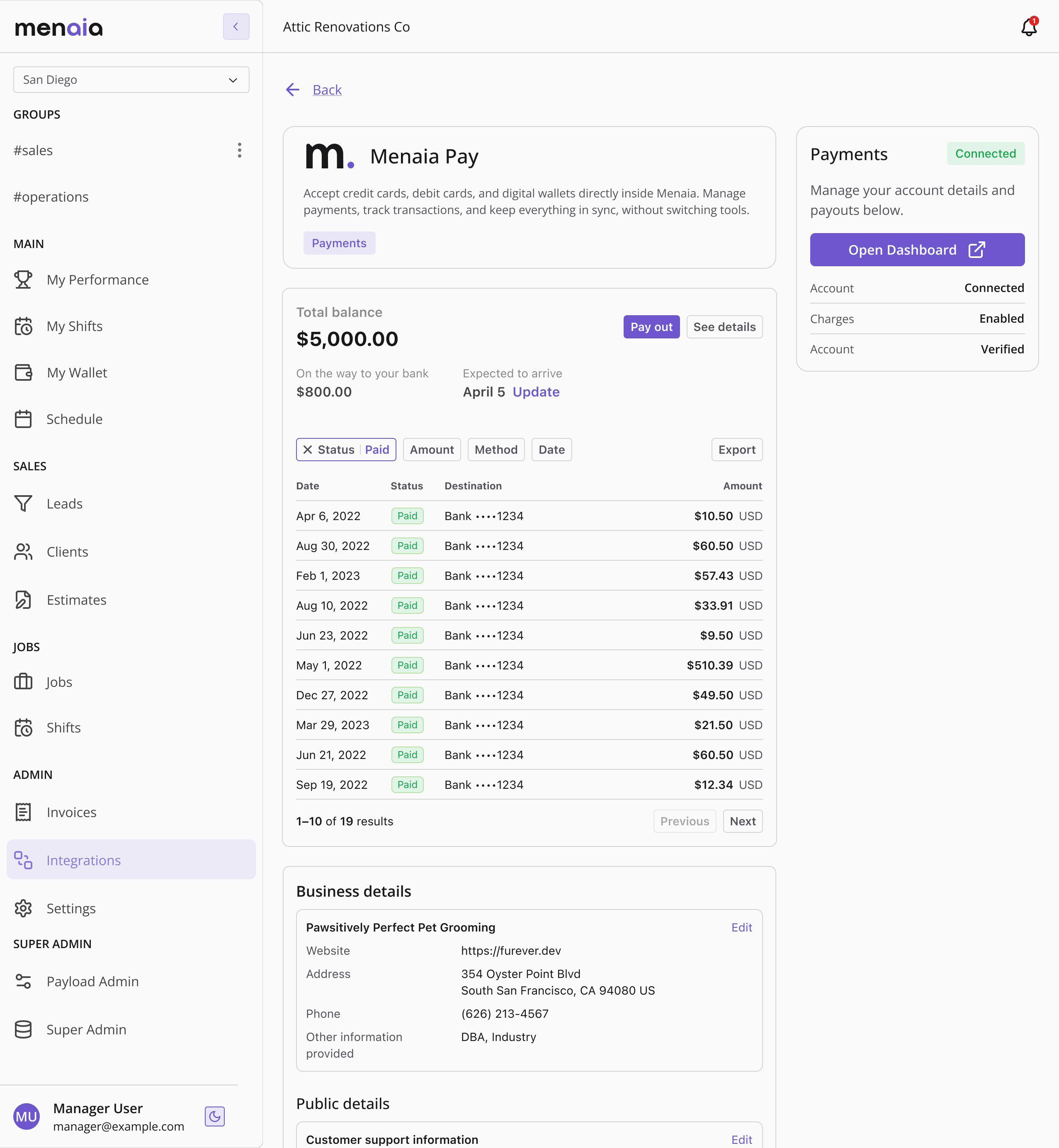 Menaia Pay screen: total balance, payout history, and connected payments account status powered by Stripe Connect