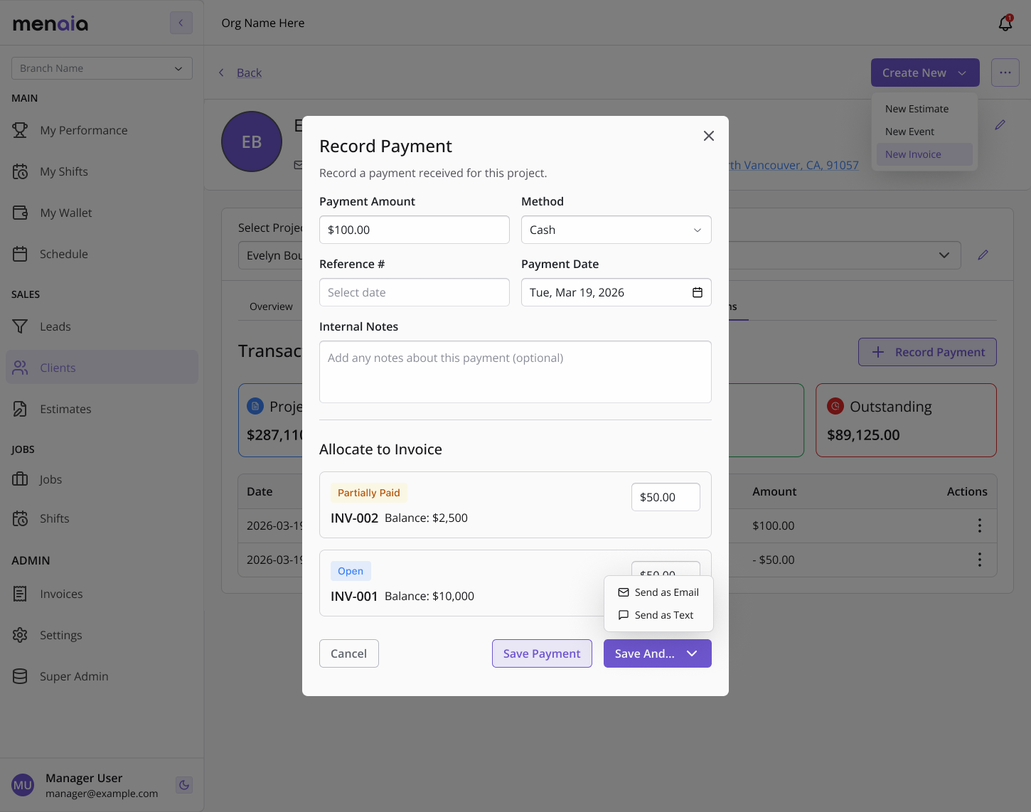 Record Payment modal open over a project overview, allocating a $100 payment across open invoices INV-001 and INV-002