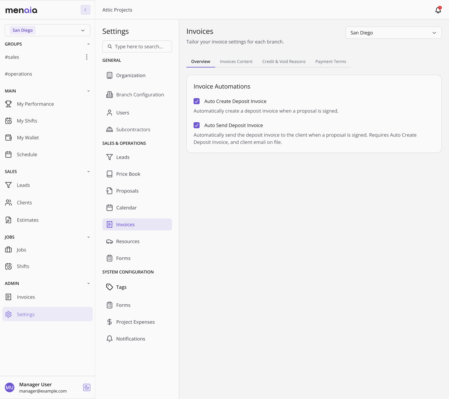 Invoice settings on desktop: per-branch Invoice Automations to auto-create and auto-send a deposit invoice when a proposal is signed