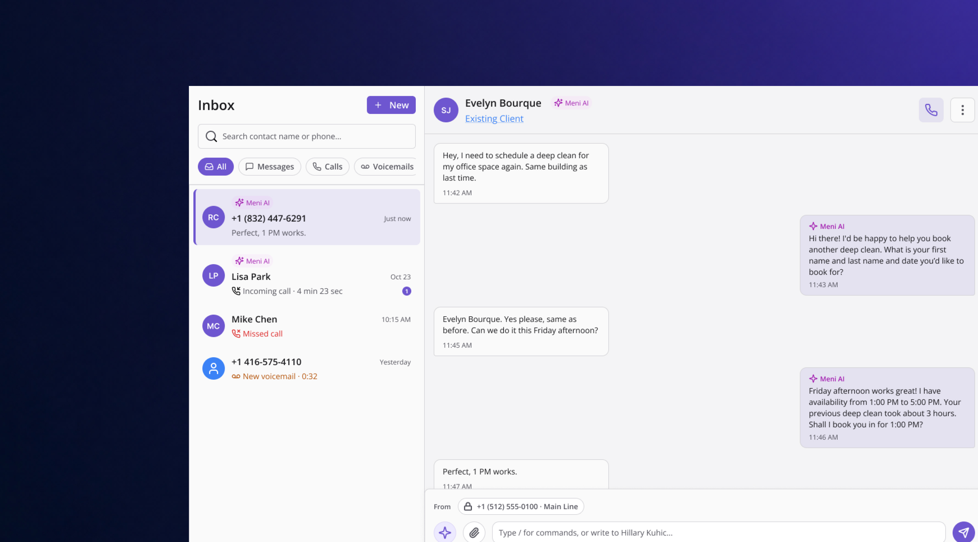 The omnichannel inbox: a conversation list on the left and an open thread with Evelyn Bourque, an existing client, being helped by Meni AI to book a deep clean