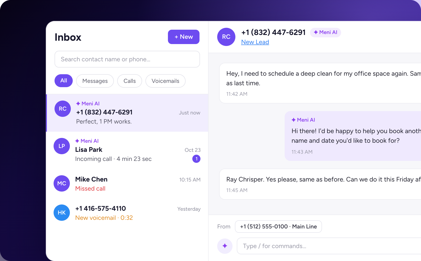 Omnichannel inbox: a conversation list on the left, a client's thread open on the right with Meni AI replying